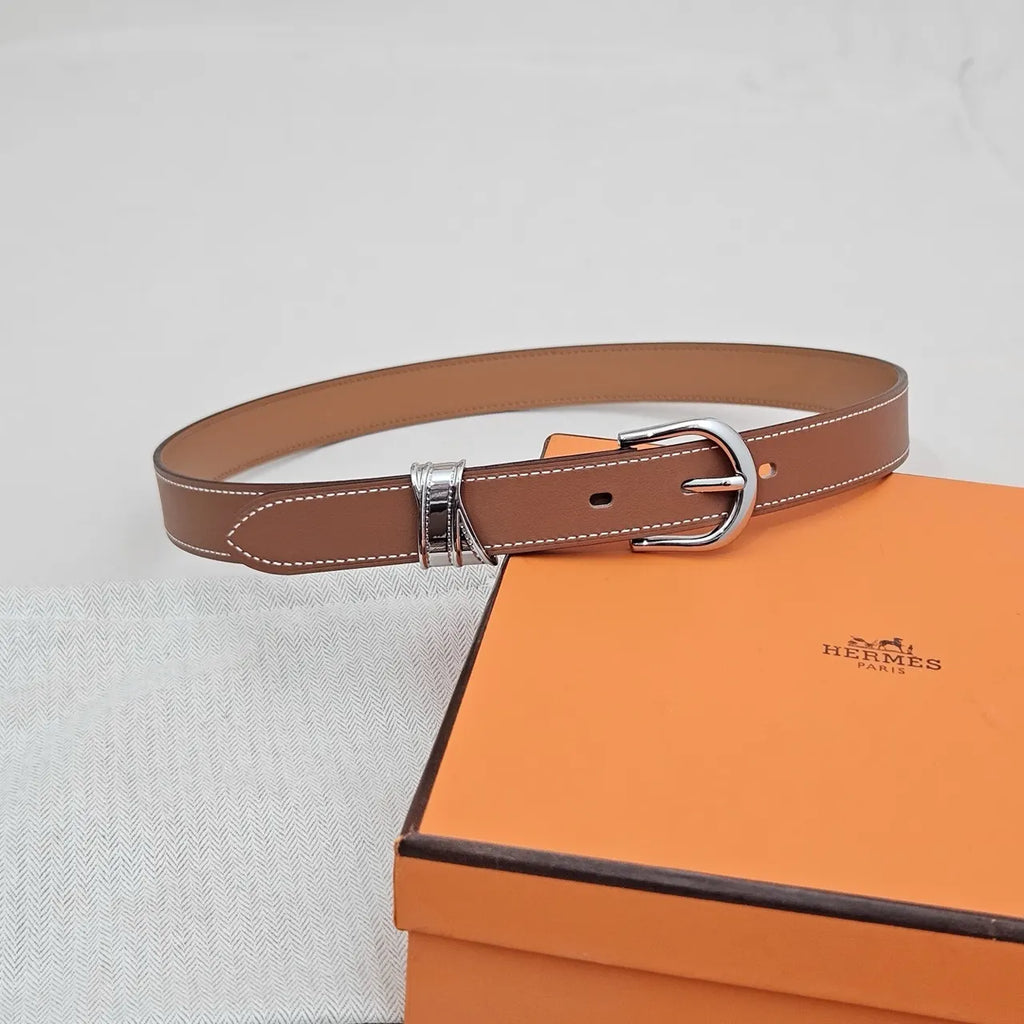 silver Hermes Tan Leather Belt