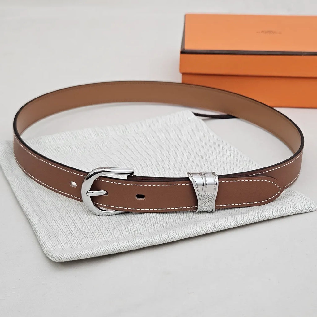 silver Hermes Tan Leather Belt - Hình 2