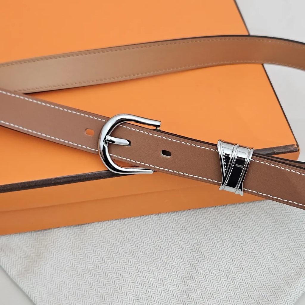 silver Hermes Tan Leather Belt - Hình 3