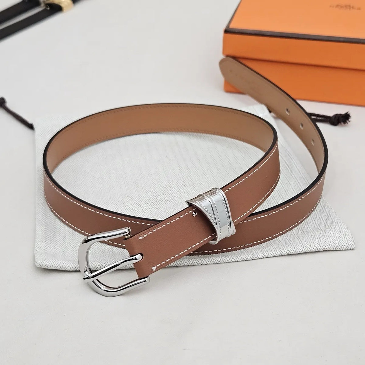 silver Hermes Tan Leather Belt - Hình 4