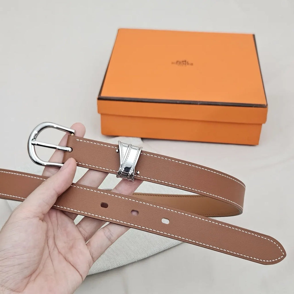 silver Hermes Tan Leather Belt - Hình 5