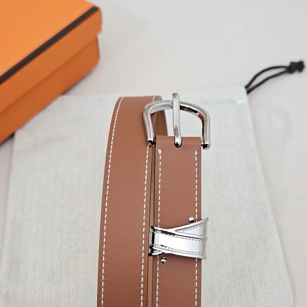 silver Hermes Tan Leather Belt - Hình 6