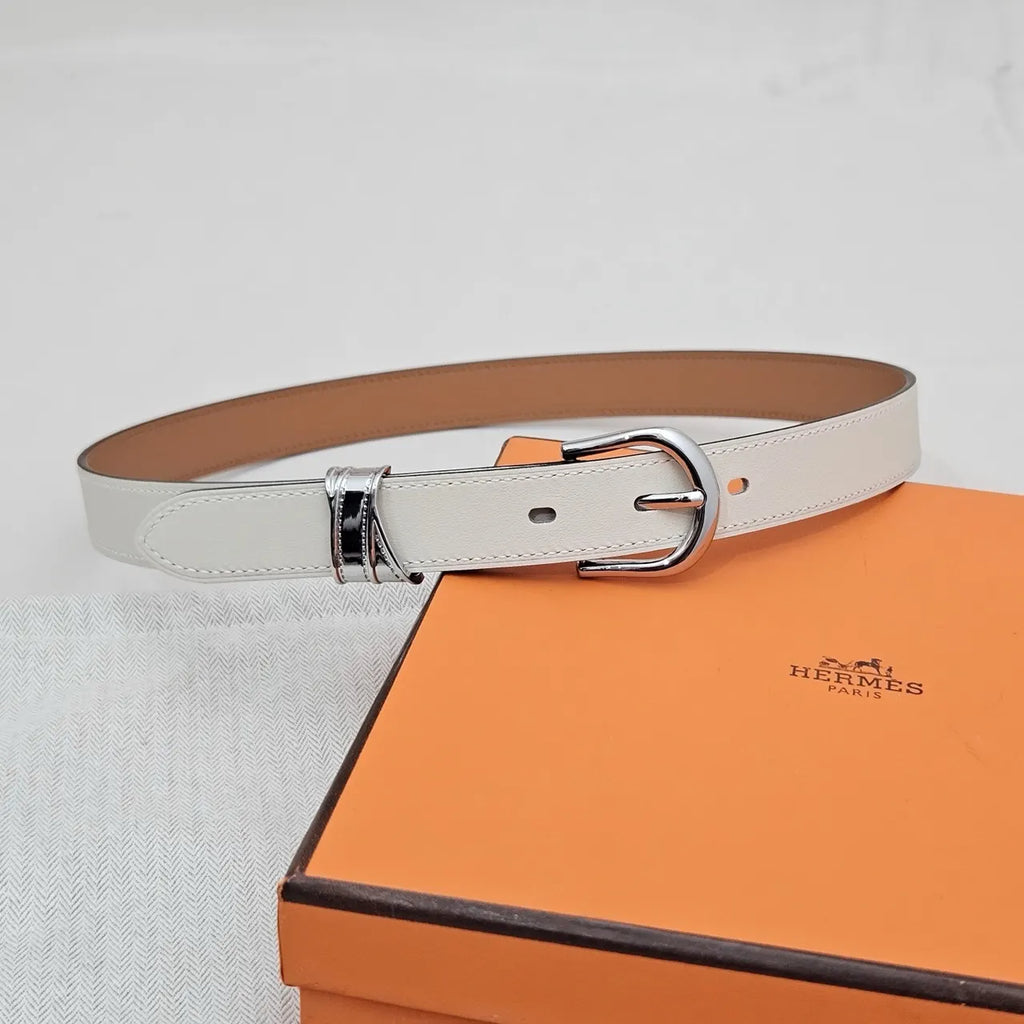 silver Hermes White Leather Belt