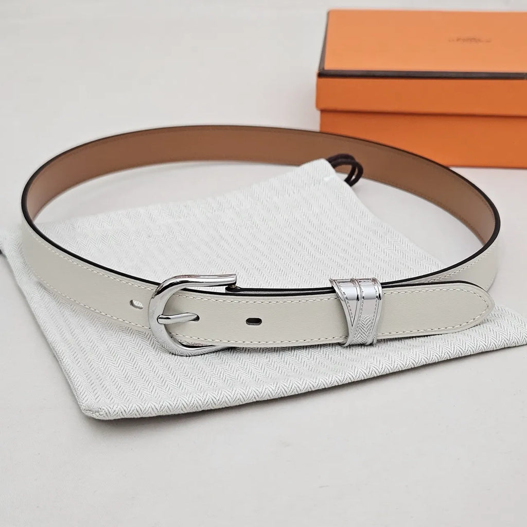 silver Hermes White Leather Belt - Hình 2