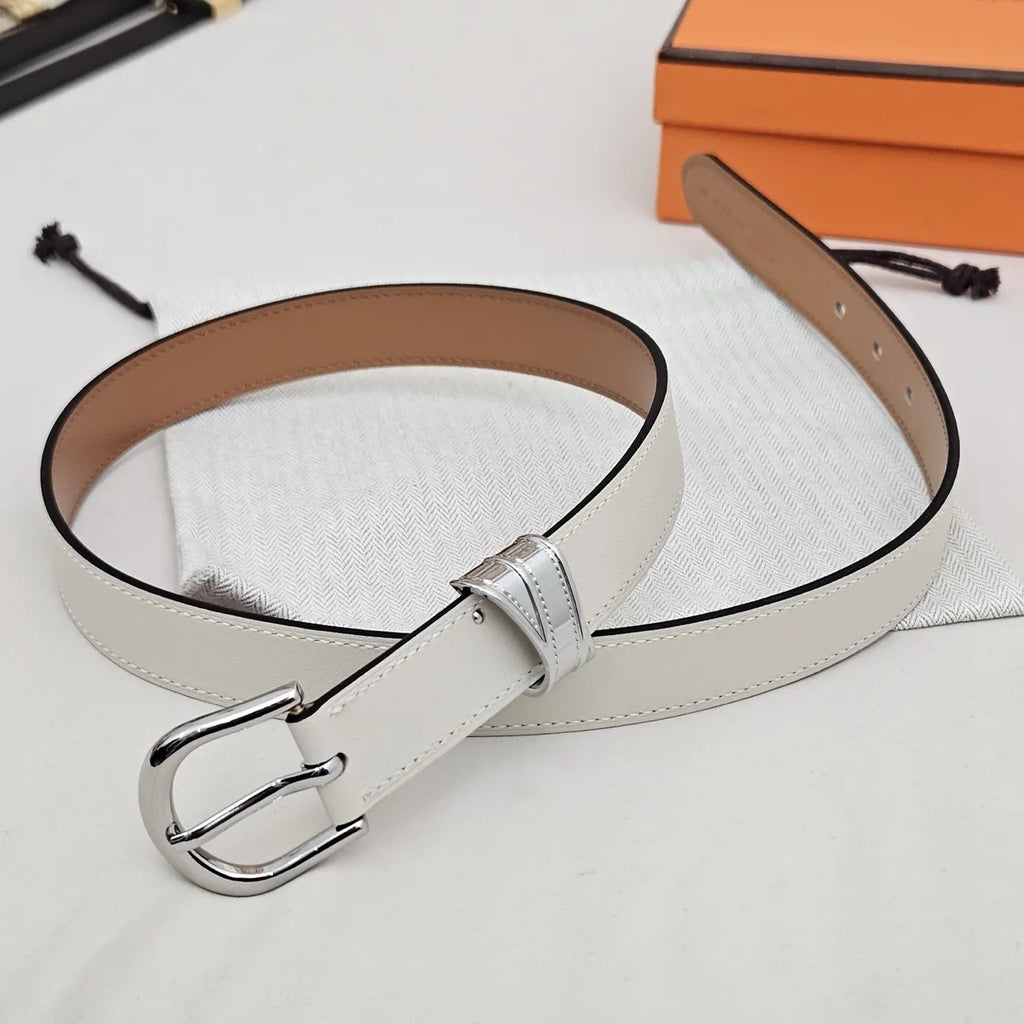 silver Hermes White Leather Belt - Hình 3