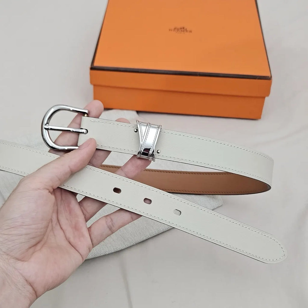 silver Hermes White Leather Belt - Hình 4