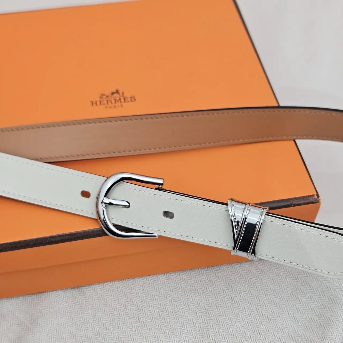 silver Hermes White Leather Belt - Hình 5