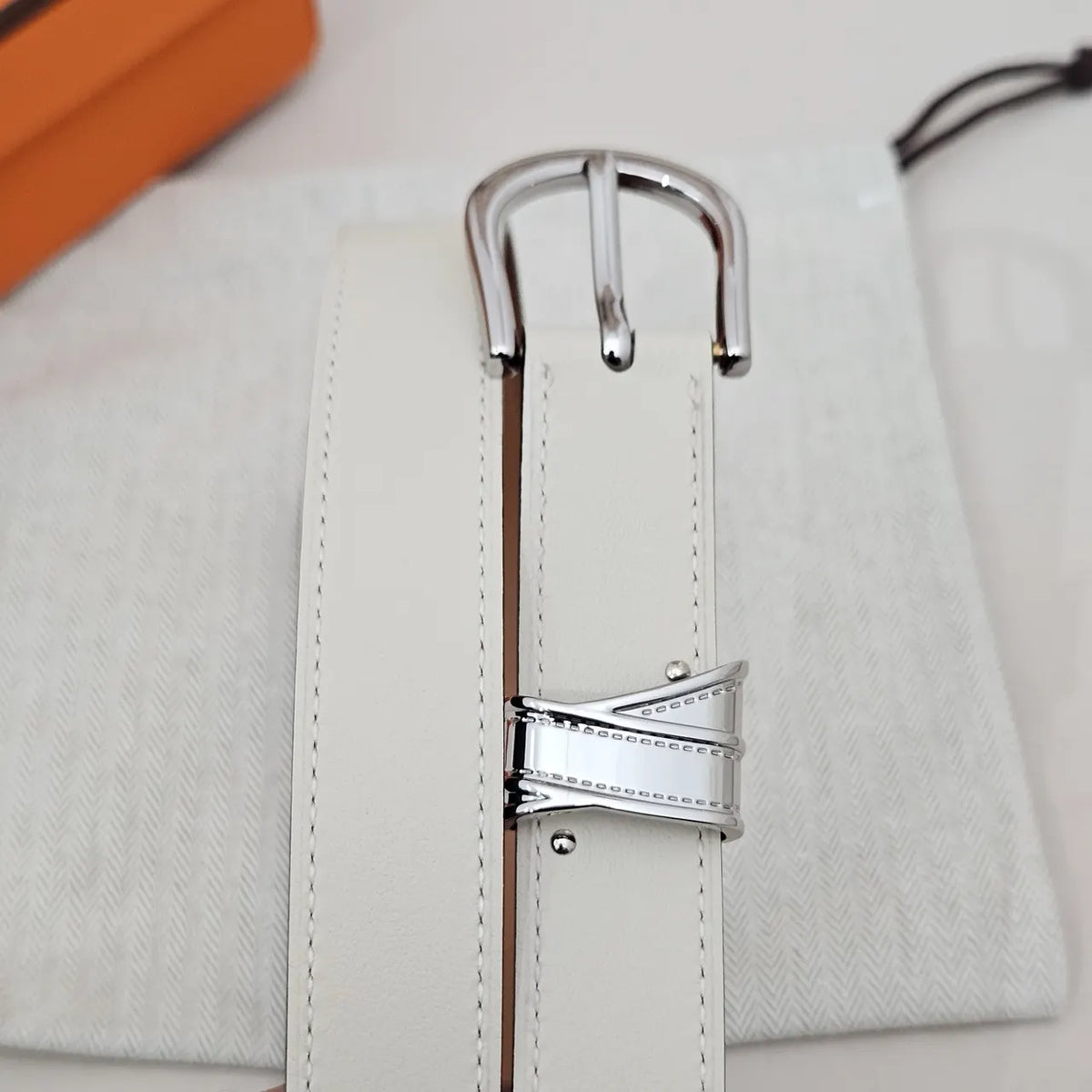 silver Hermes White Leather Belt - Hình 6