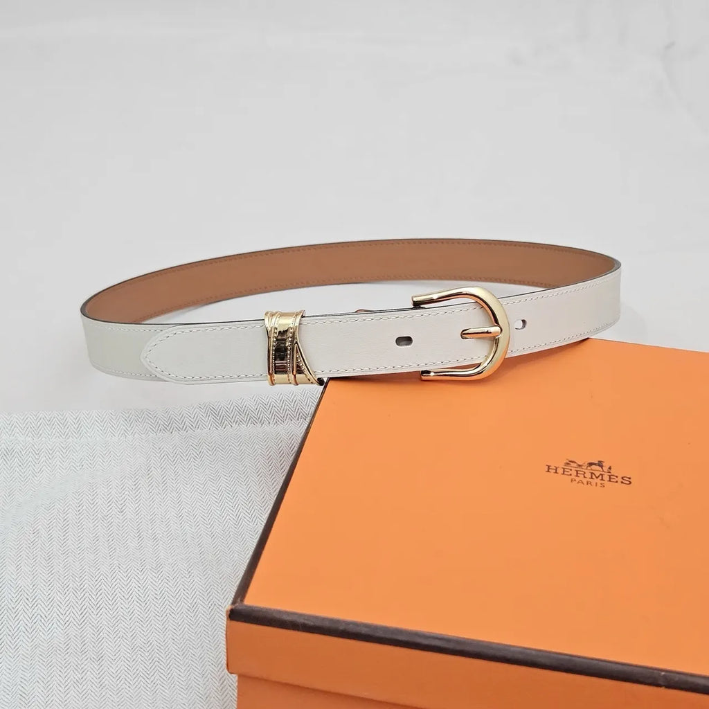 Hermes White Leather Gold Buckle Belt