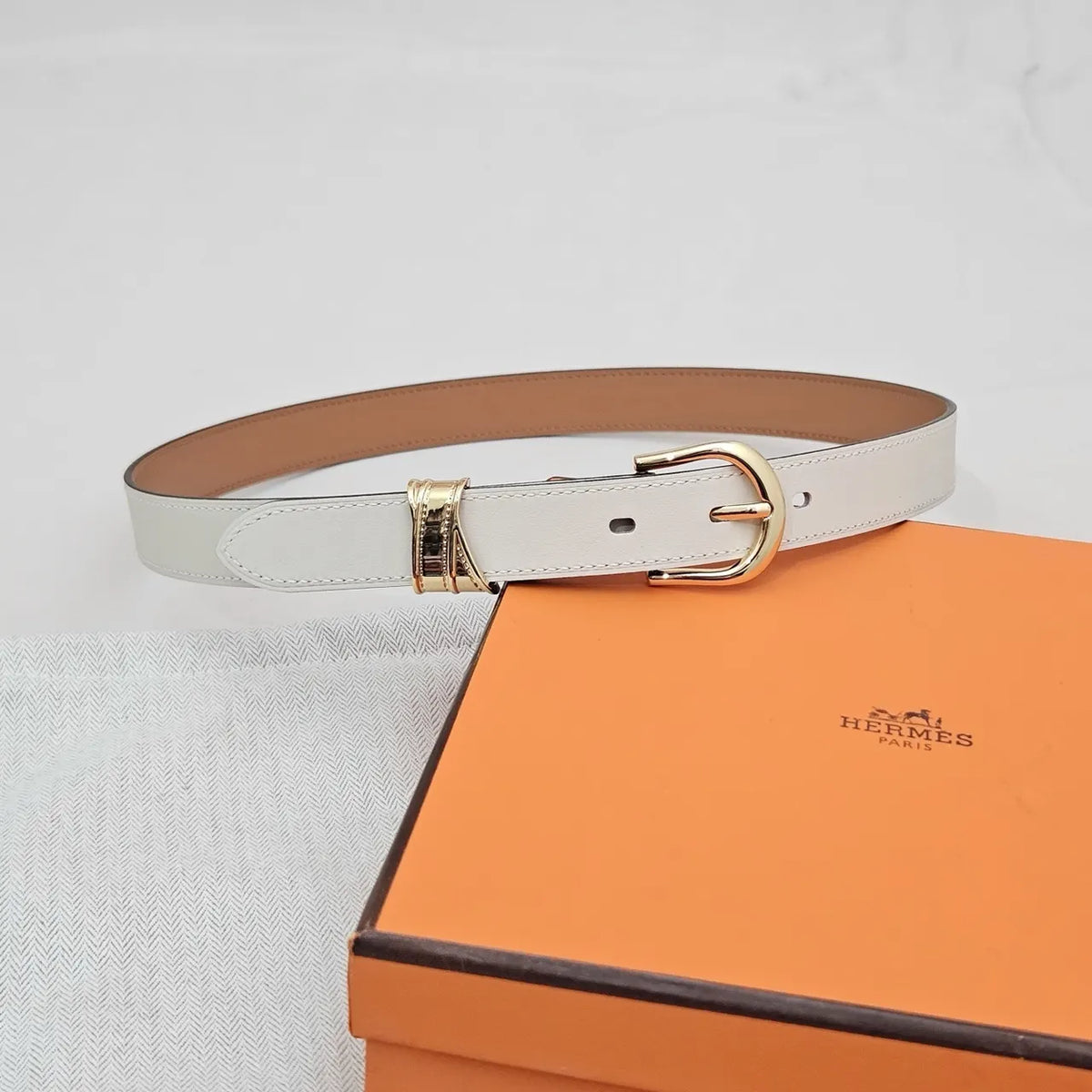 Hermes White Leather Gold Buckle Belt