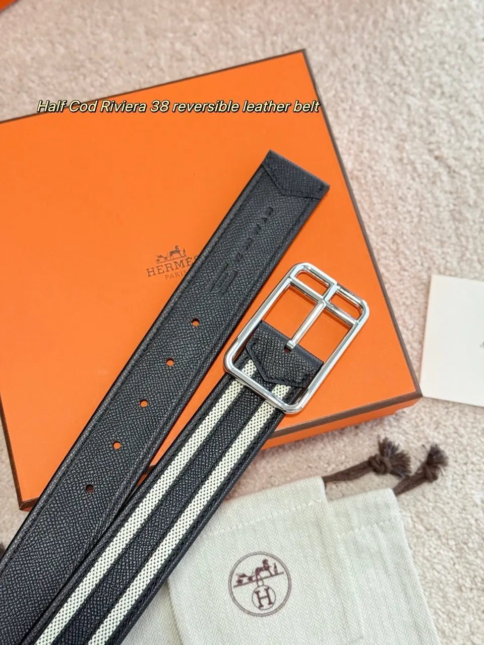 Hermes Black Riviera Reversible Belt - Hình 2