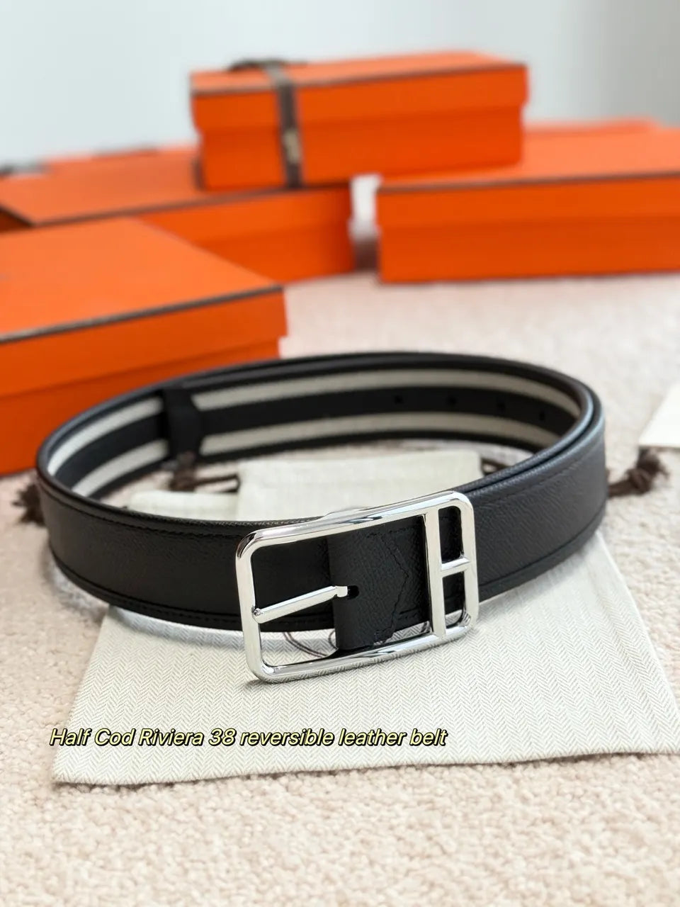 Hermes Black Riviera Reversible Belt - Hình 3