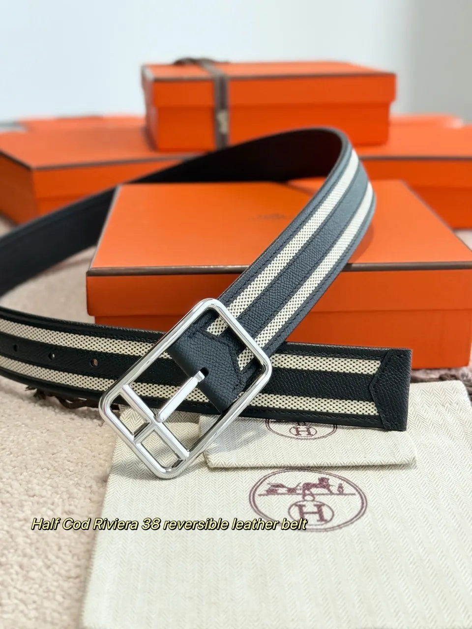Hermes Black Riviera Reversible Belt - Hình 4