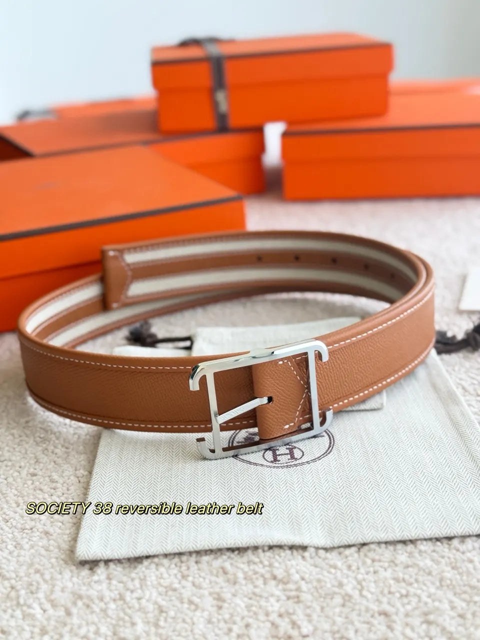 Hermes Tan White Leather Belt - Hình 3