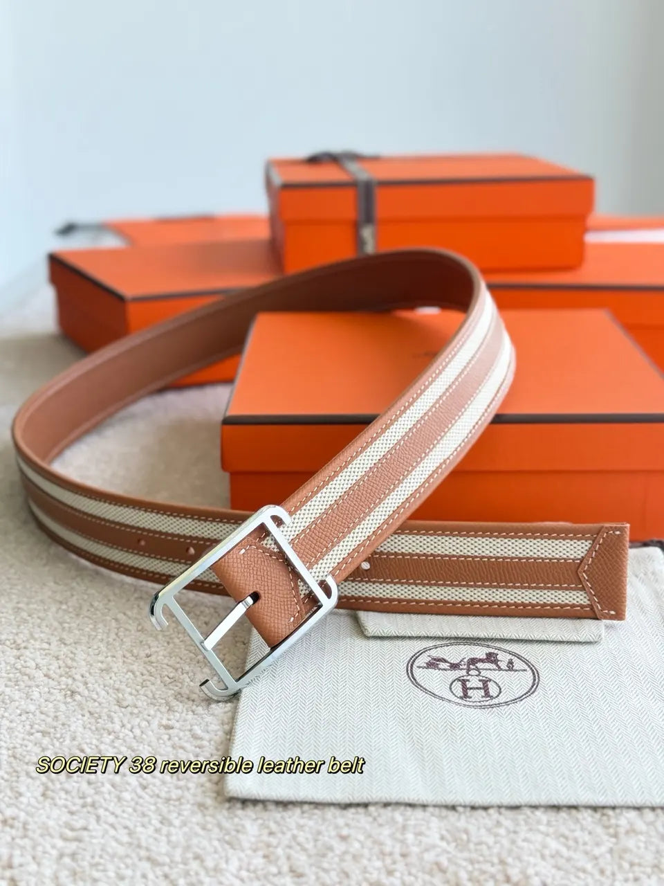 Hermes Tan White Leather Belt - Hình 4