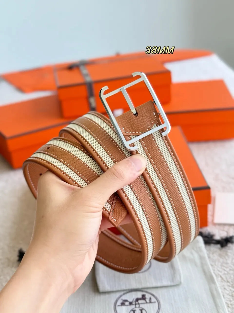 Hermes Tan White Leather Belt - Hình 5