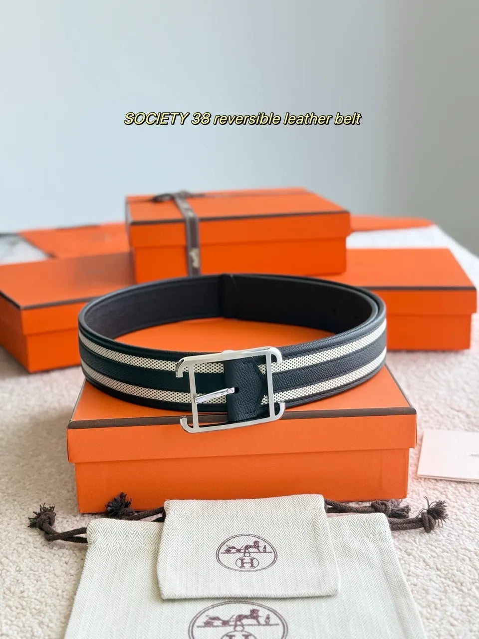 Hermes White Stripe Leather Belt