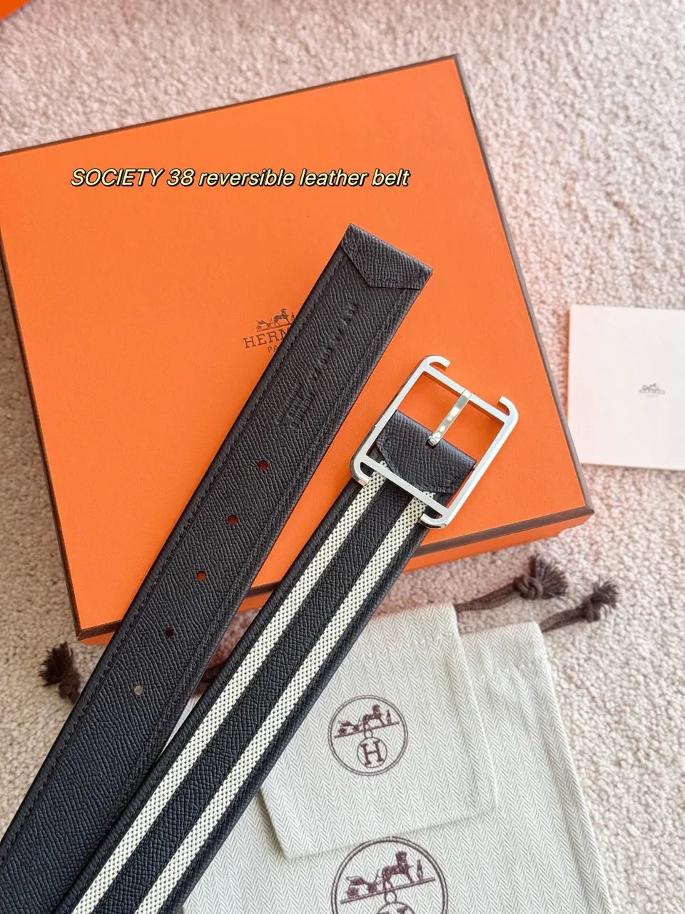 Hermes White Stripe Leather Belt - Hình 2