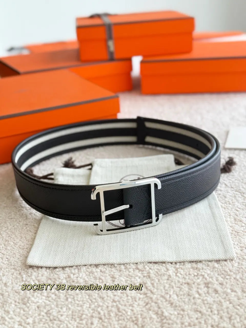 Hermes White Stripe Leather Belt - Hình 3