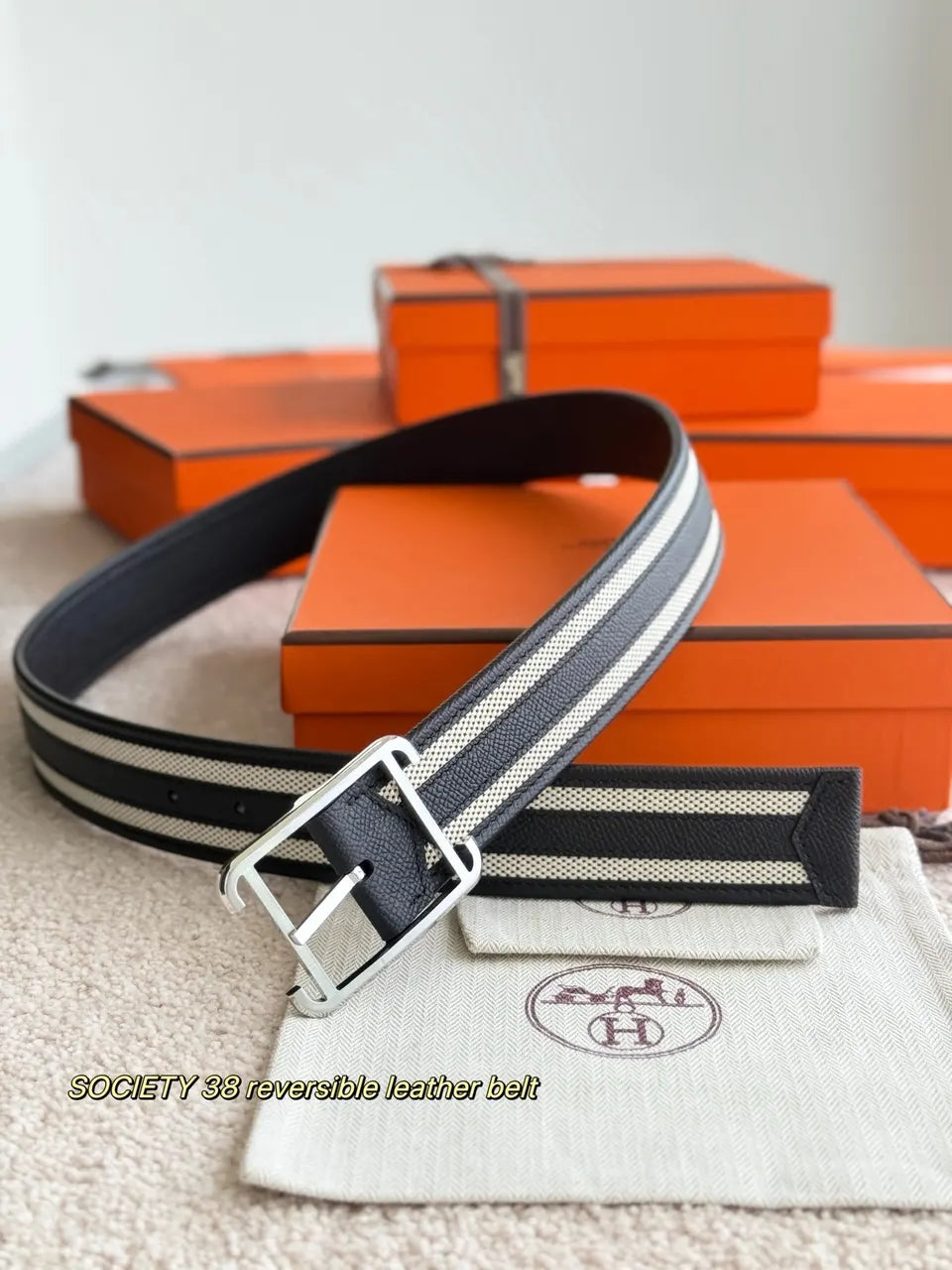 Hermes White Stripe Leather Belt - Hình 4
