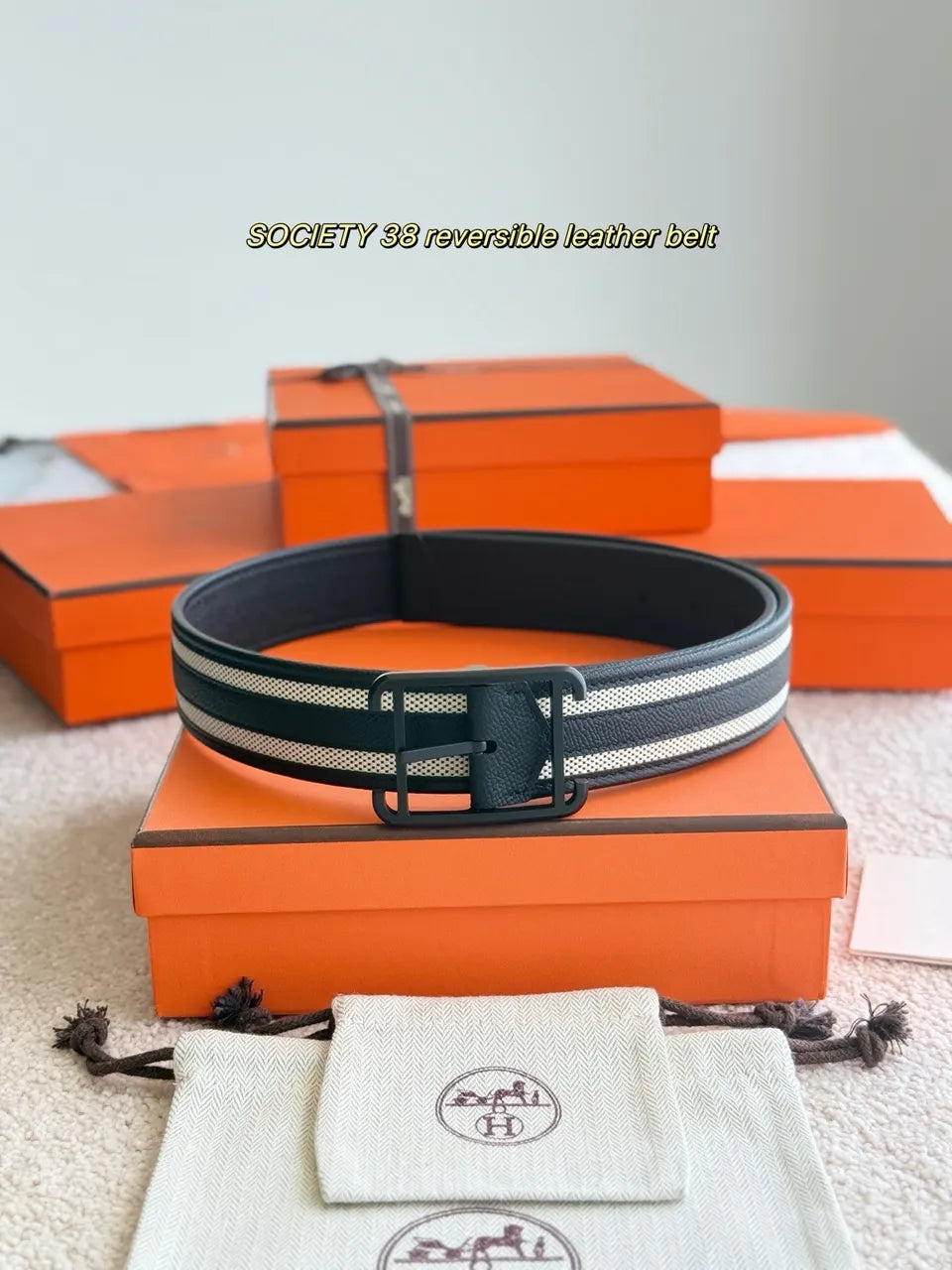 Hermes Black Stripe Leather Belt