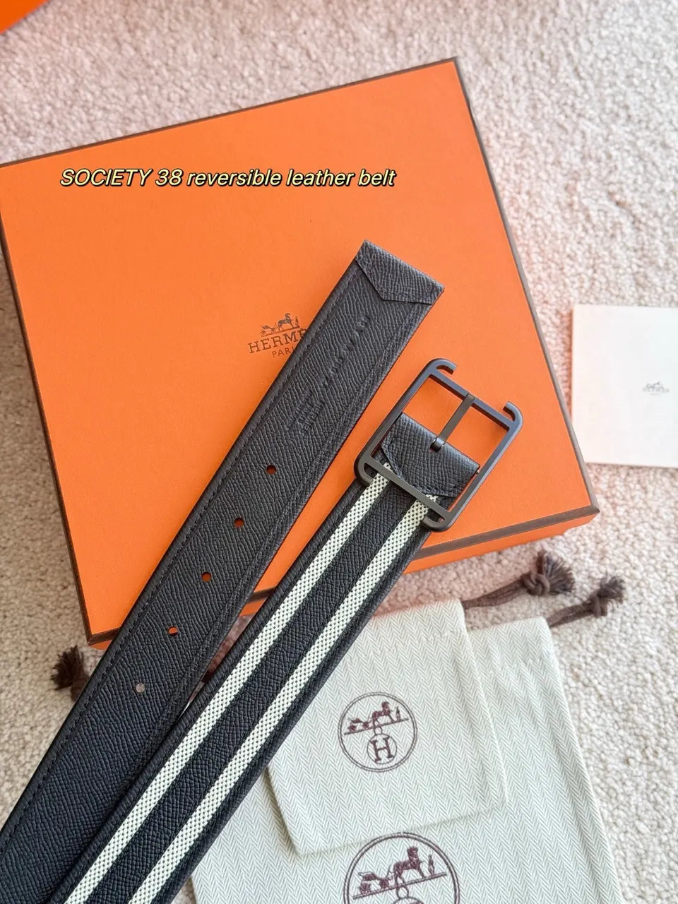 Hermes Black Stripe Leather Belt - Hình 2