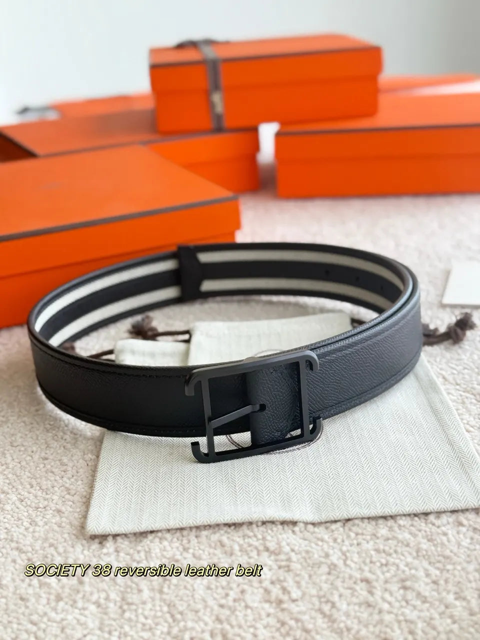 Hermes Black Stripe Leather Belt - Hình 3