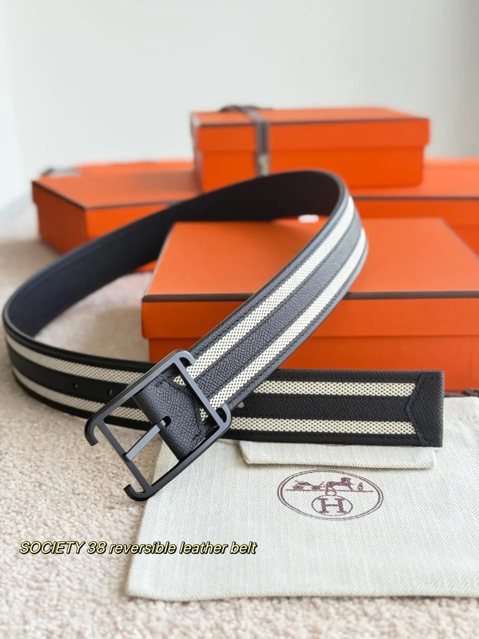 Hermes Black Stripe Leather Belt - Hình 4