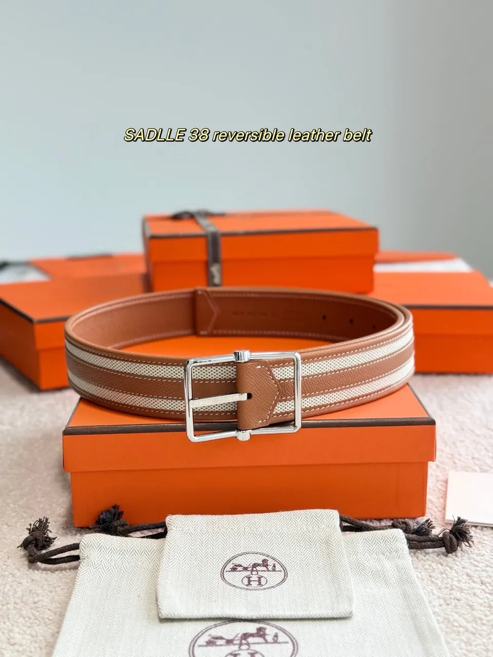 tan Hermes Saddle 38 Reversible Belt