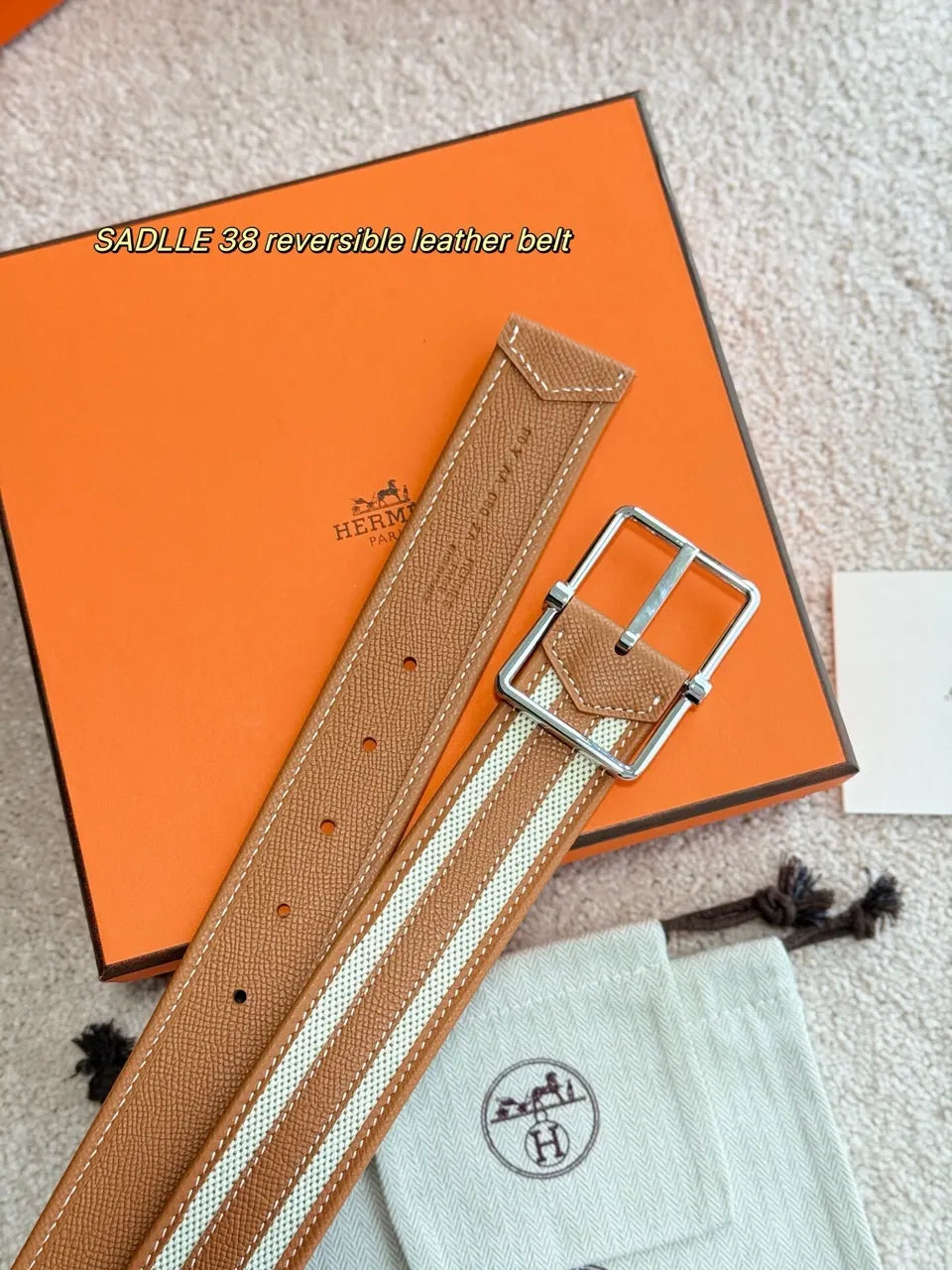 tan Hermes Saddle 38 Reversible Belt - Hình 2
