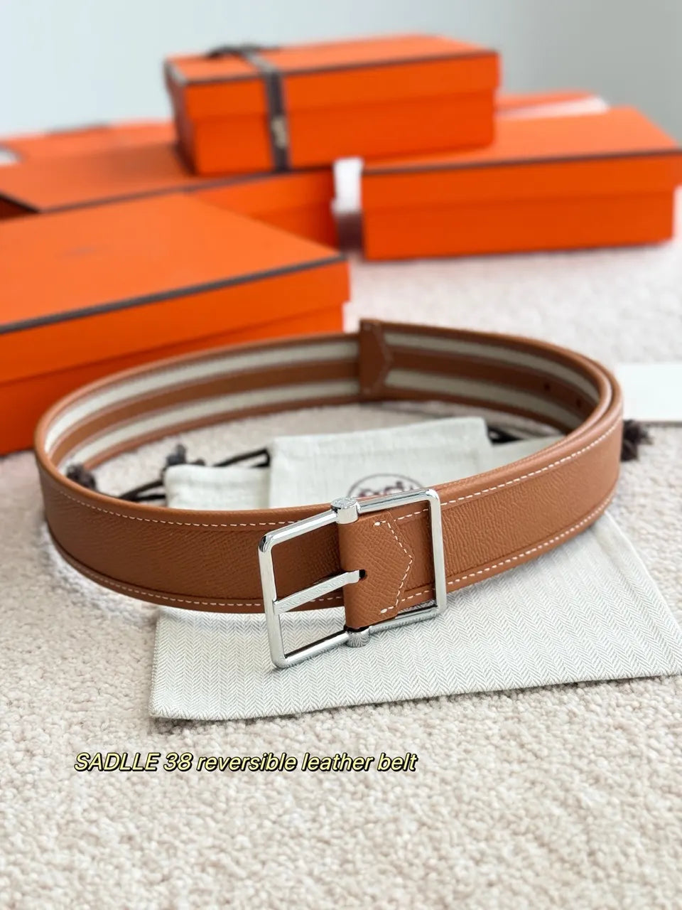 tan Hermes Saddle 38 Reversible Belt - Hình 3