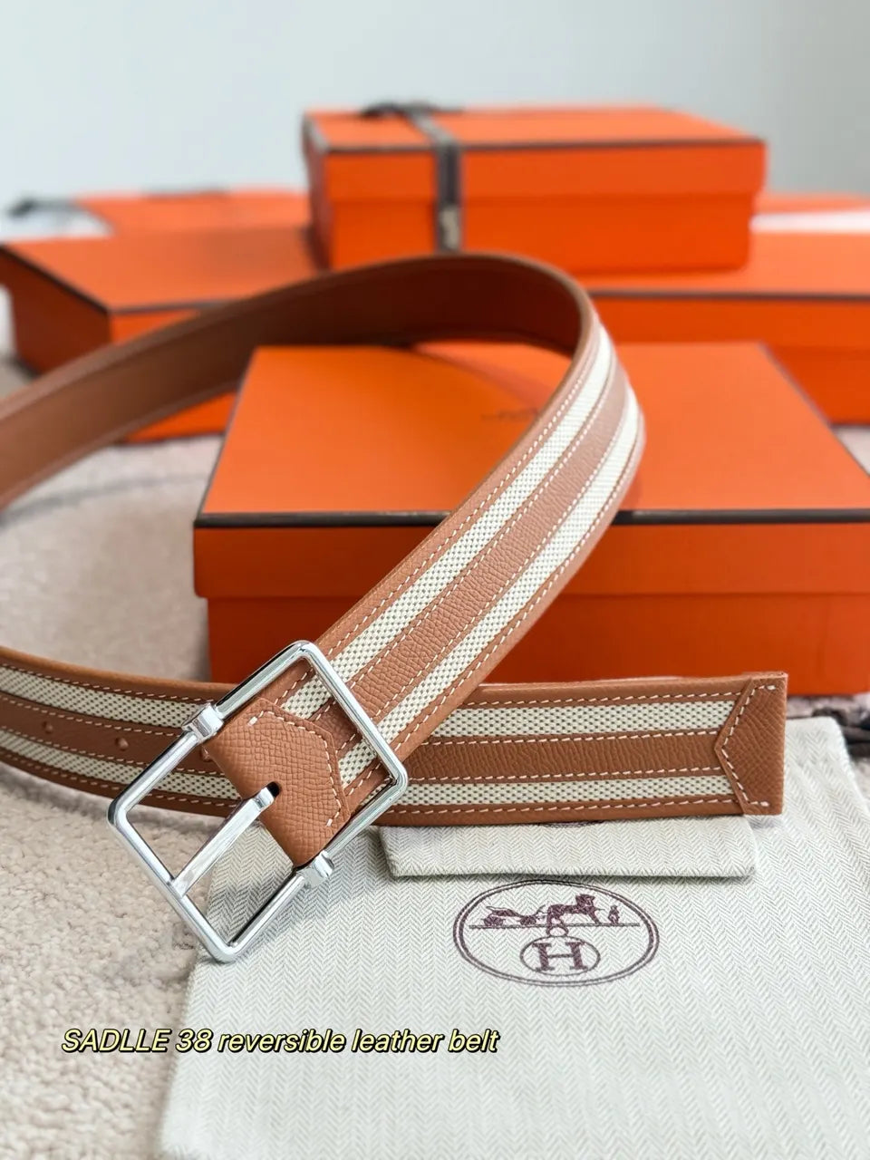 tan Hermes Saddle 38 Reversible Belt - Hình 4