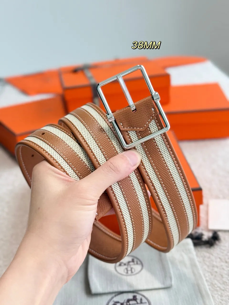 tan Hermes Saddle 38 Reversible Belt - Hình 5