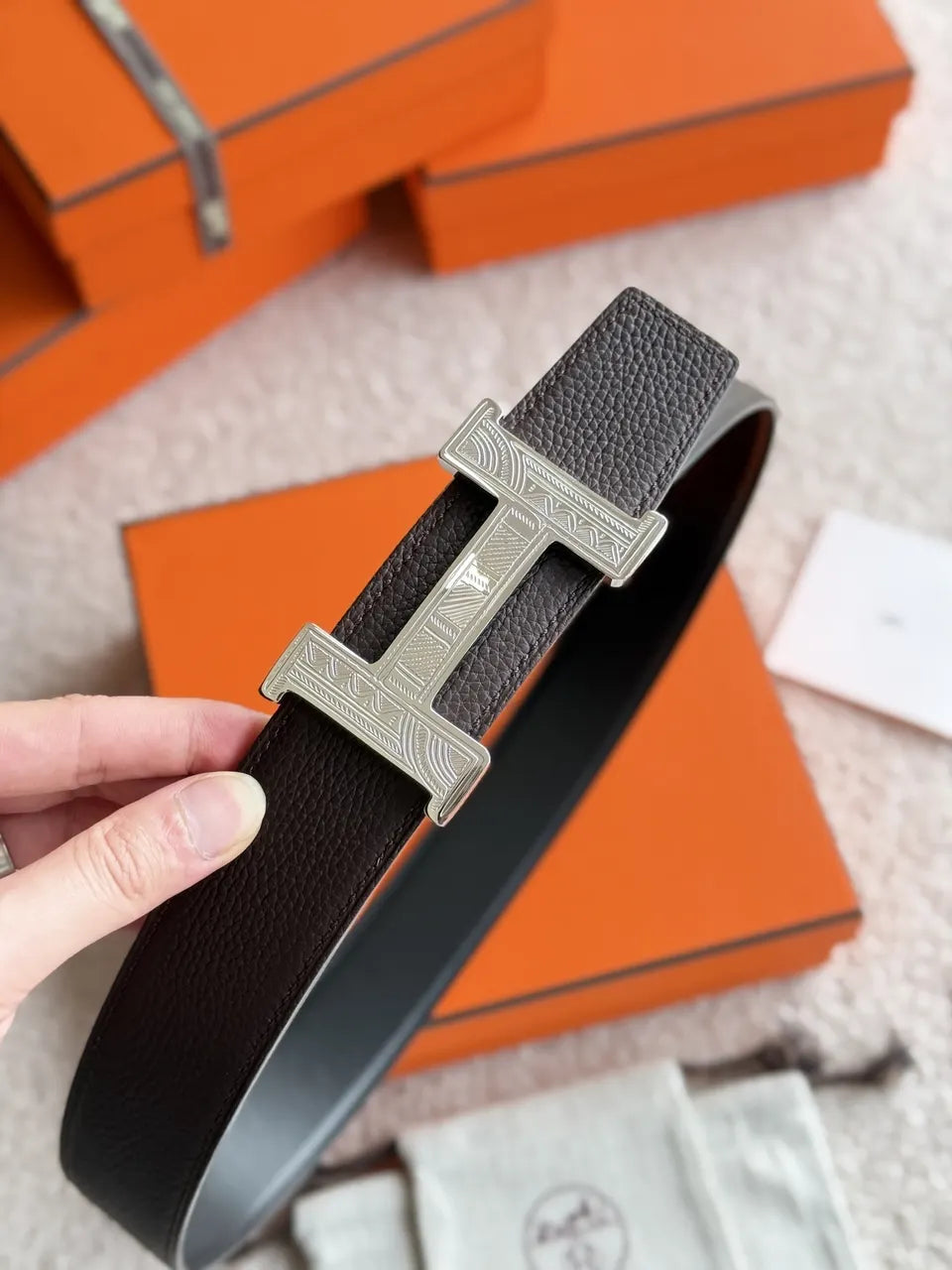 Hermes Reversible Silver Buckle Belt - Hình 5