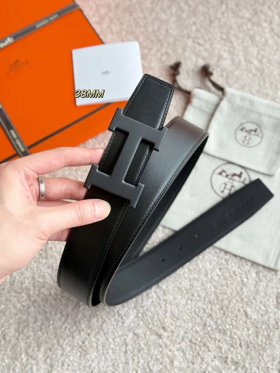 matte Hermes Black Reversible Belt - Hình 4
