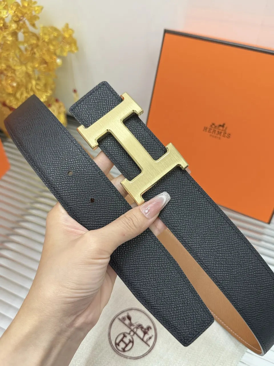 Hermes Black Leather Gold H Belt