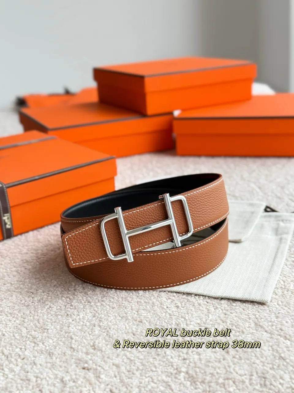 black Hermes Reversible Leather Belt - Hình 2