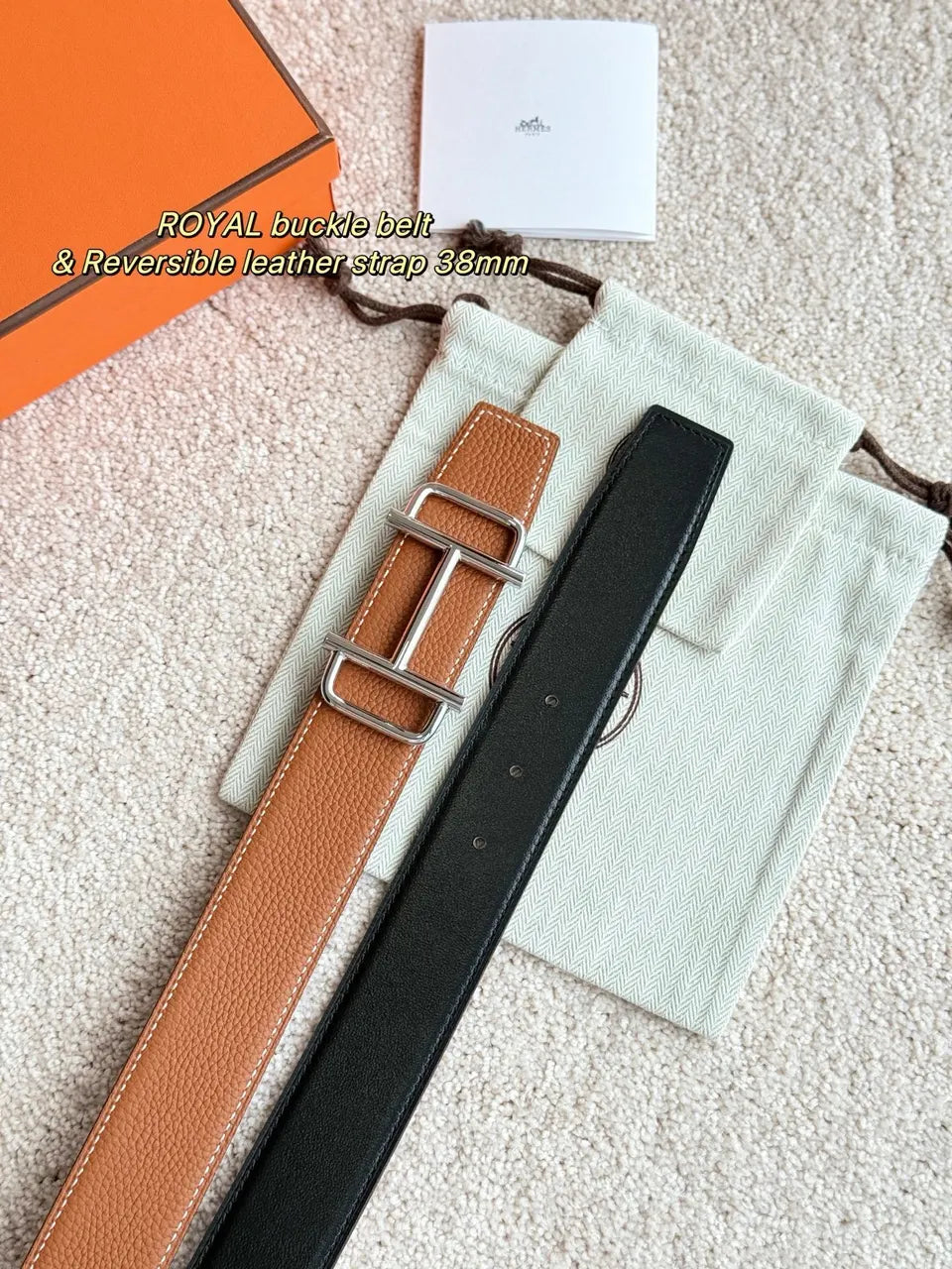 black Hermes Reversible Leather Belt - Hình 3