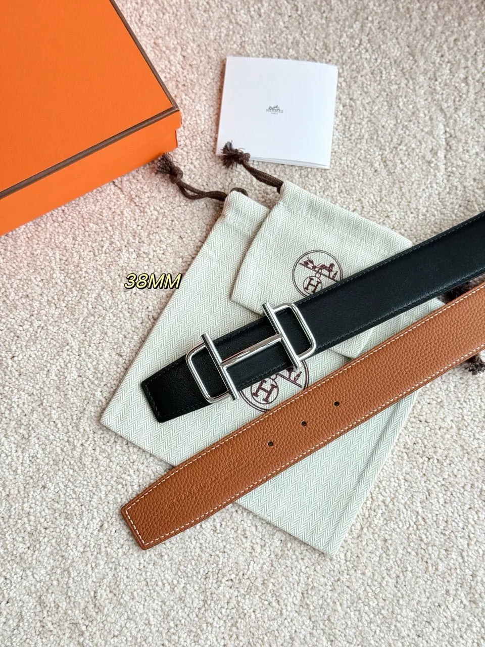 black Hermes Reversible Leather Belt - Hình 4