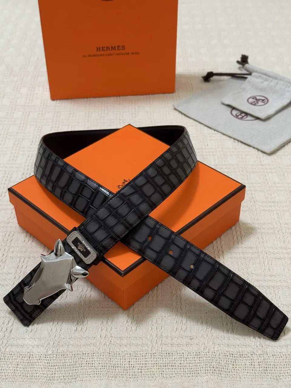 bull Hermes Black Crocodile Belt - Hình 2