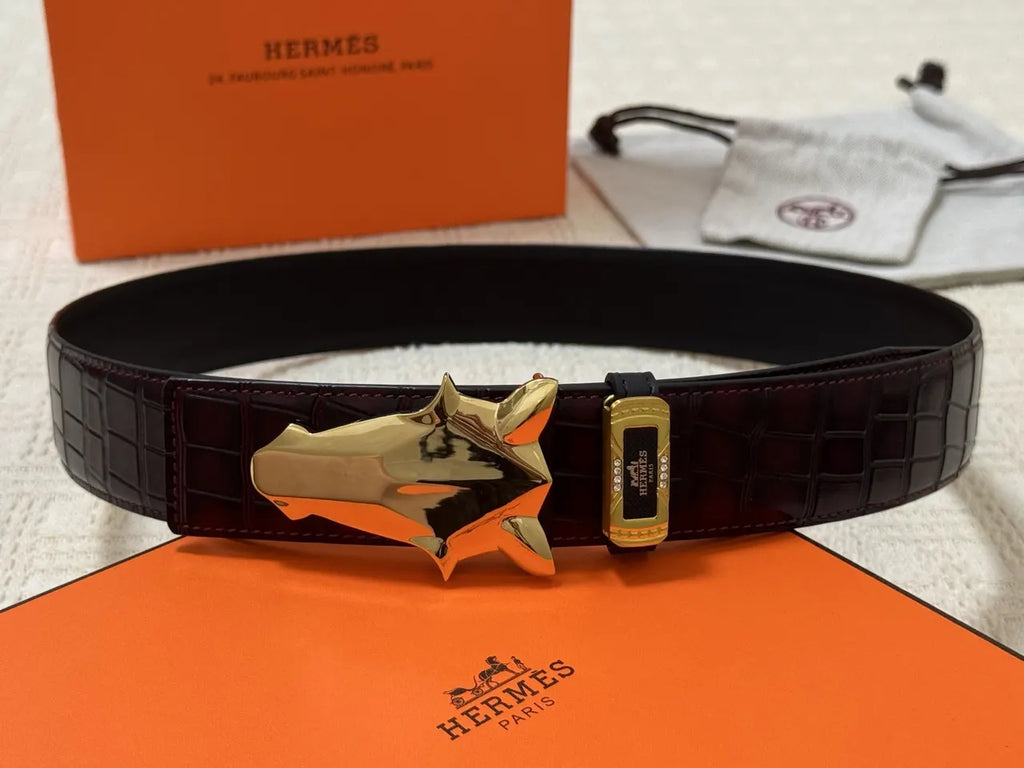 Hermes Burgundy Crocodile Belt - Hình 4