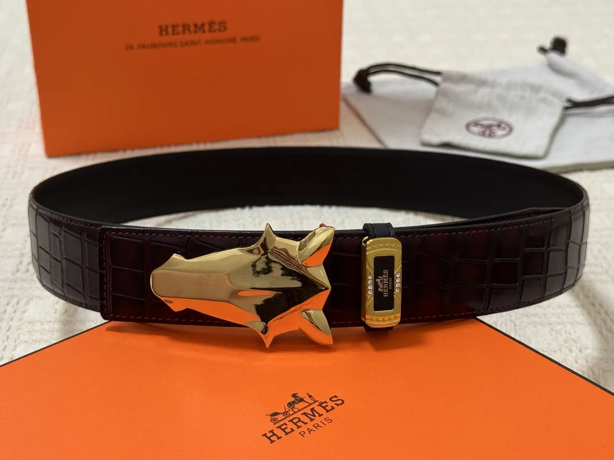 Hermes Burgundy Crocodile Belt - Hình 4