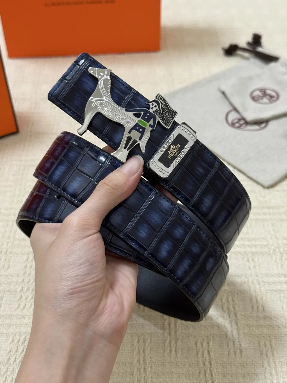 Hermes Blue Crocodile Leather Belt