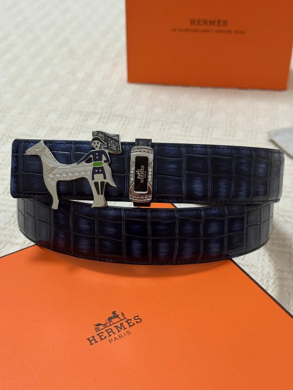 Hermes Blue Crocodile Leather Belt - Hình 2
