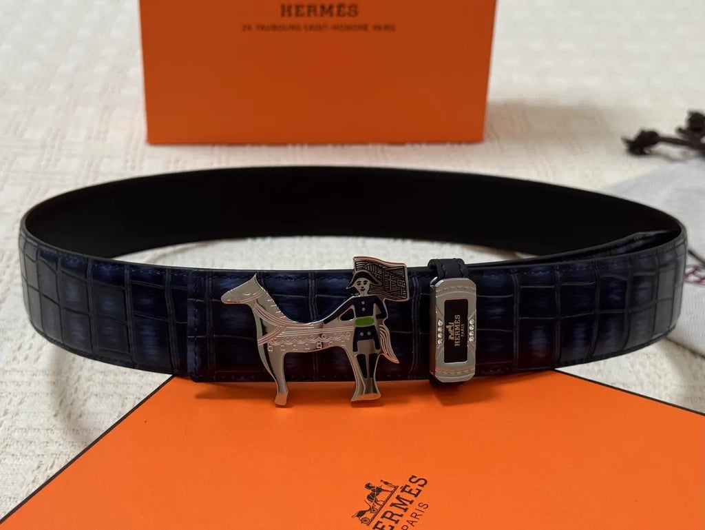 Hermes Blue Crocodile Leather Belt - Hình 3