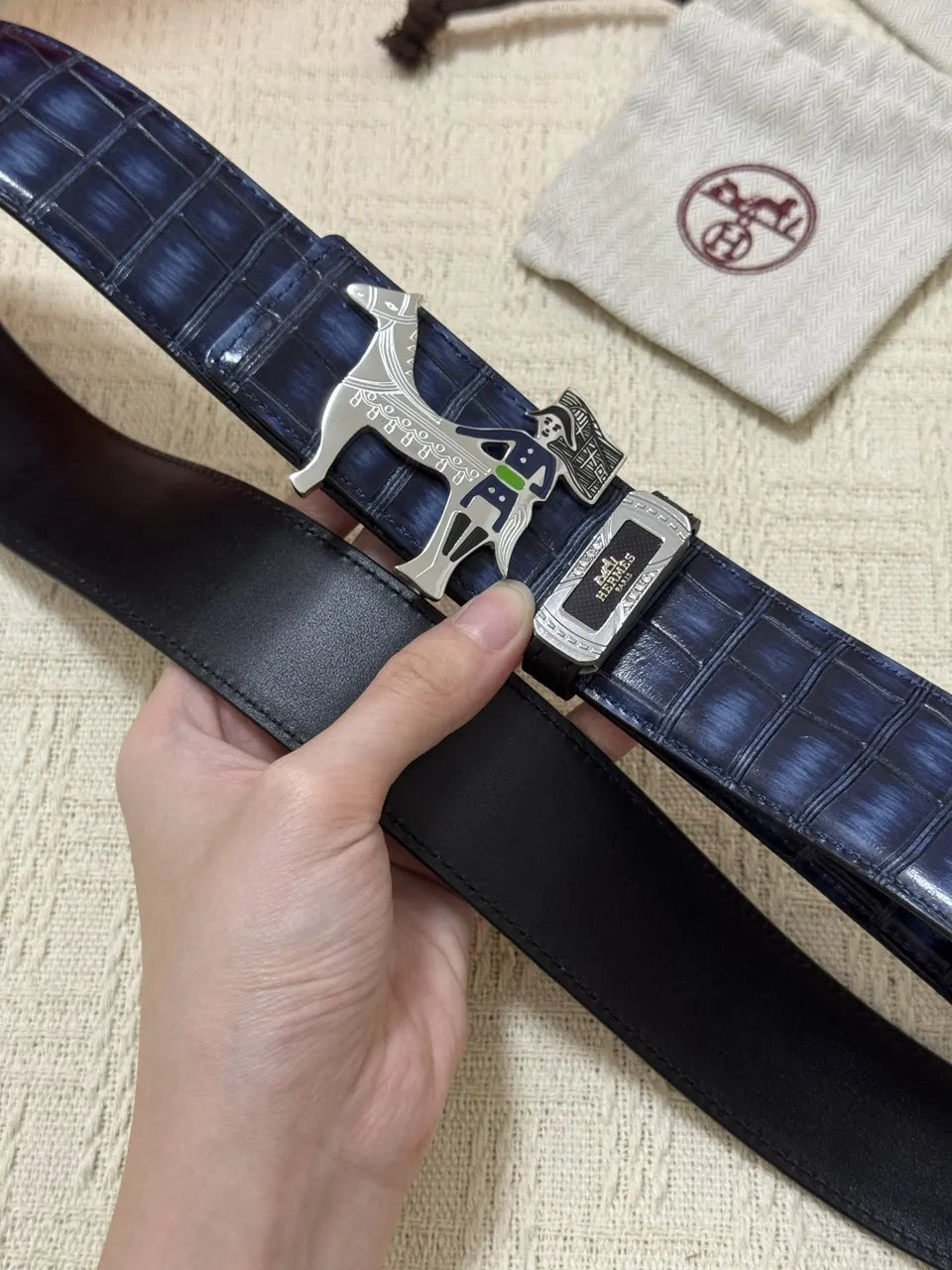Hermes Blue Crocodile Leather Belt - Hình 5