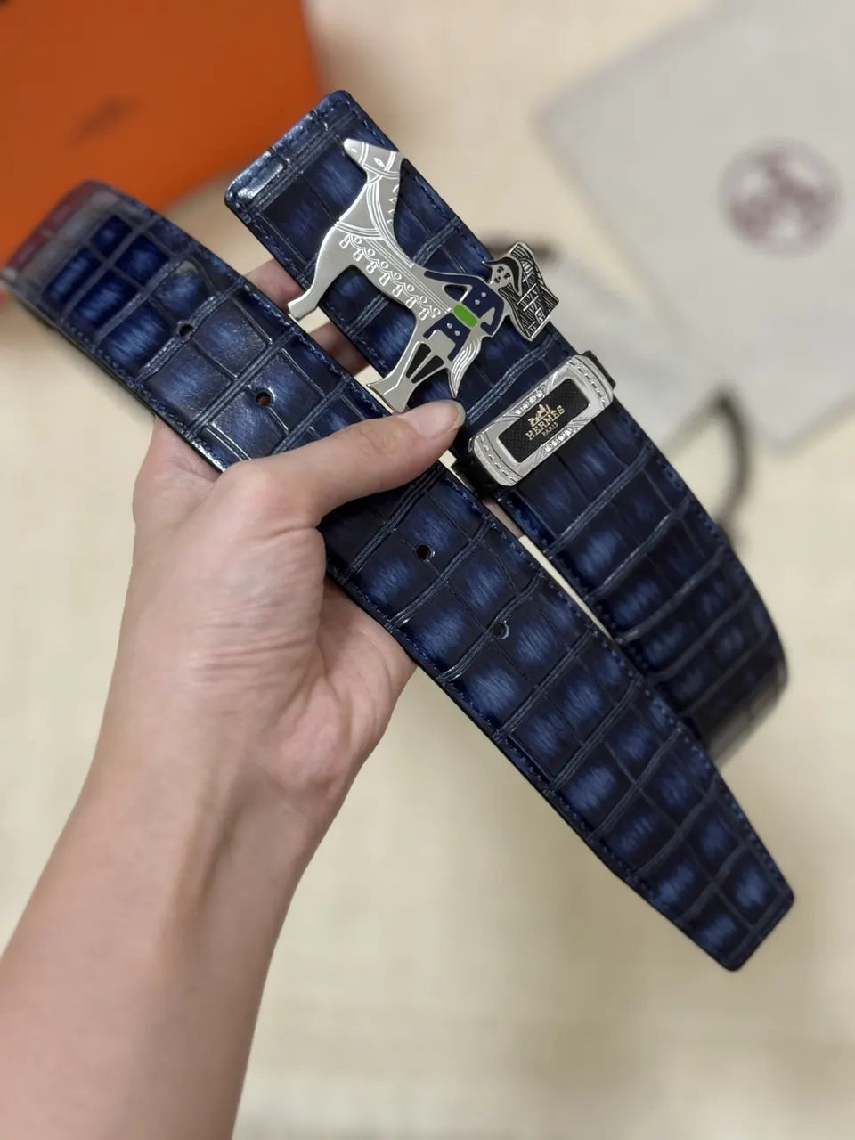 Hermes Blue Crocodile Leather Belt - Hình 7