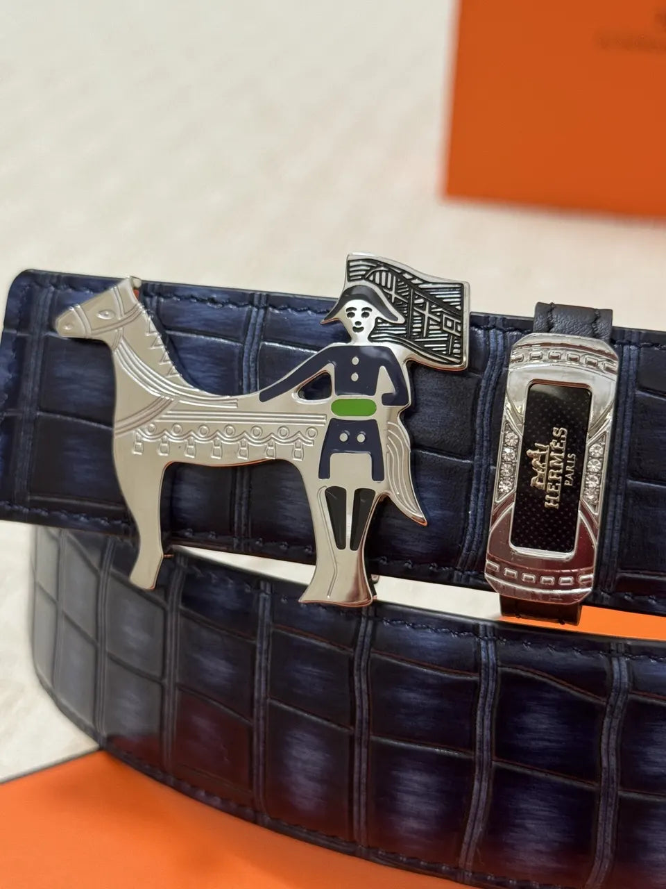 Hermes Blue Crocodile Leather Belt - Hình 8