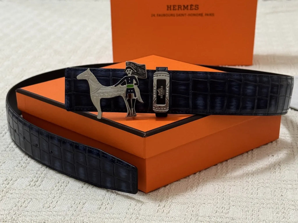 Hermes Blue Crocodile Leather Belt - Hình 9