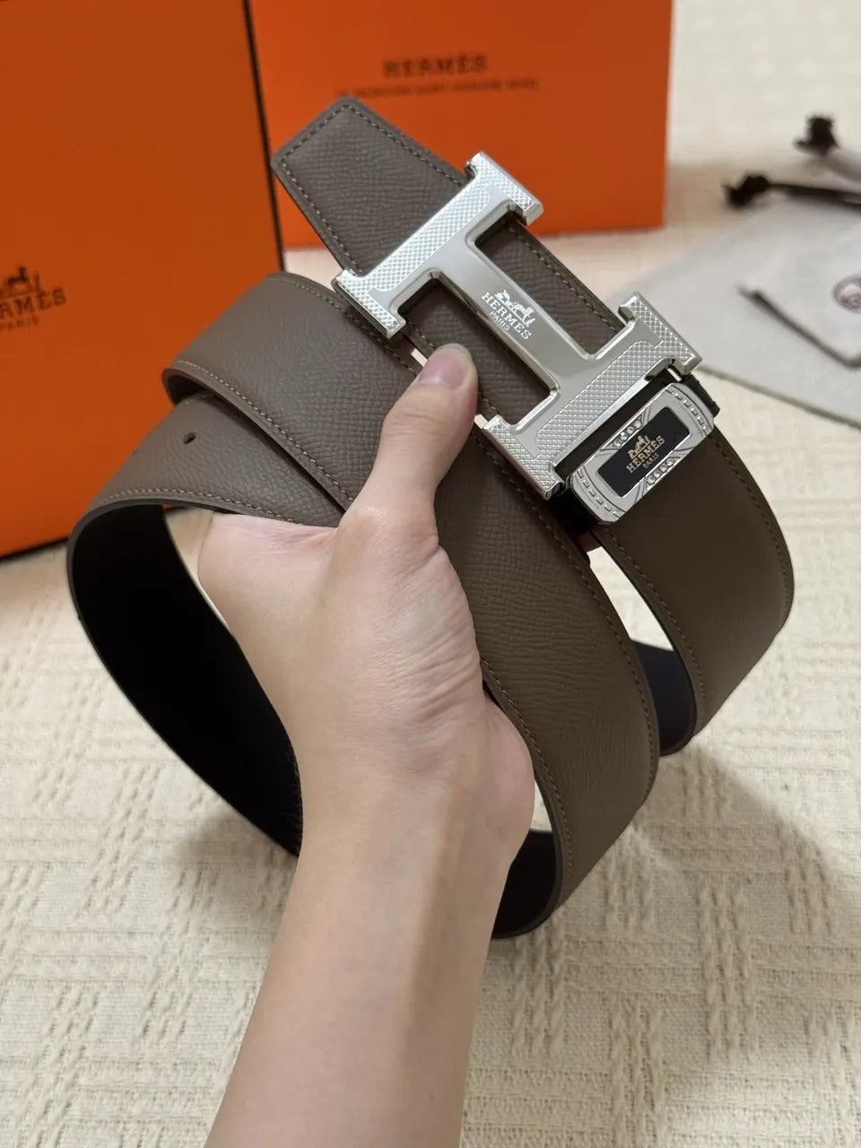 Hermes Taupe Silver H Belt